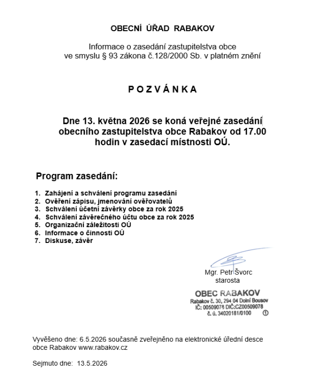 Pozvánka na veřejné zasedání obecního zastupitelstva dne 13.5.2026