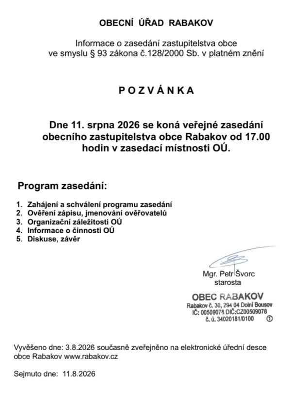 Pozvánka na veřejné zasedání obecního zastupitelstva dne 11.8.2026
